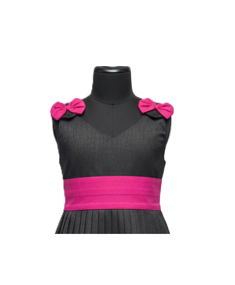 Girls' Designer Black Pleated Party Frock with Hot Pink Bow Accents & Waist Sash