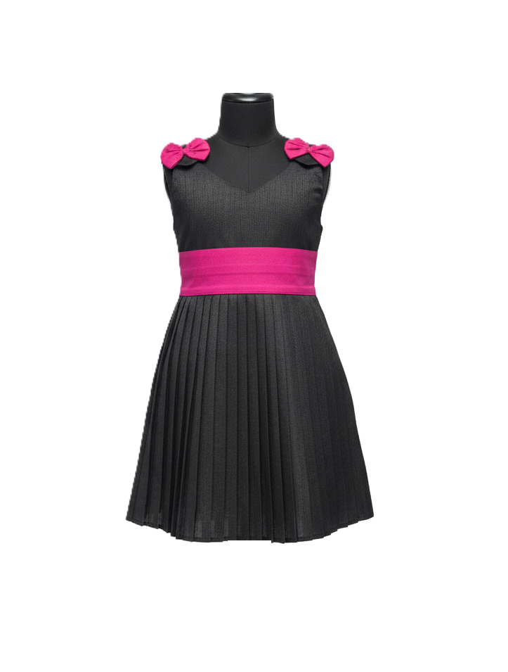 Girls' Designer Black Pleated Party Frock with Hot Pink Bow Accents & Waist Sash