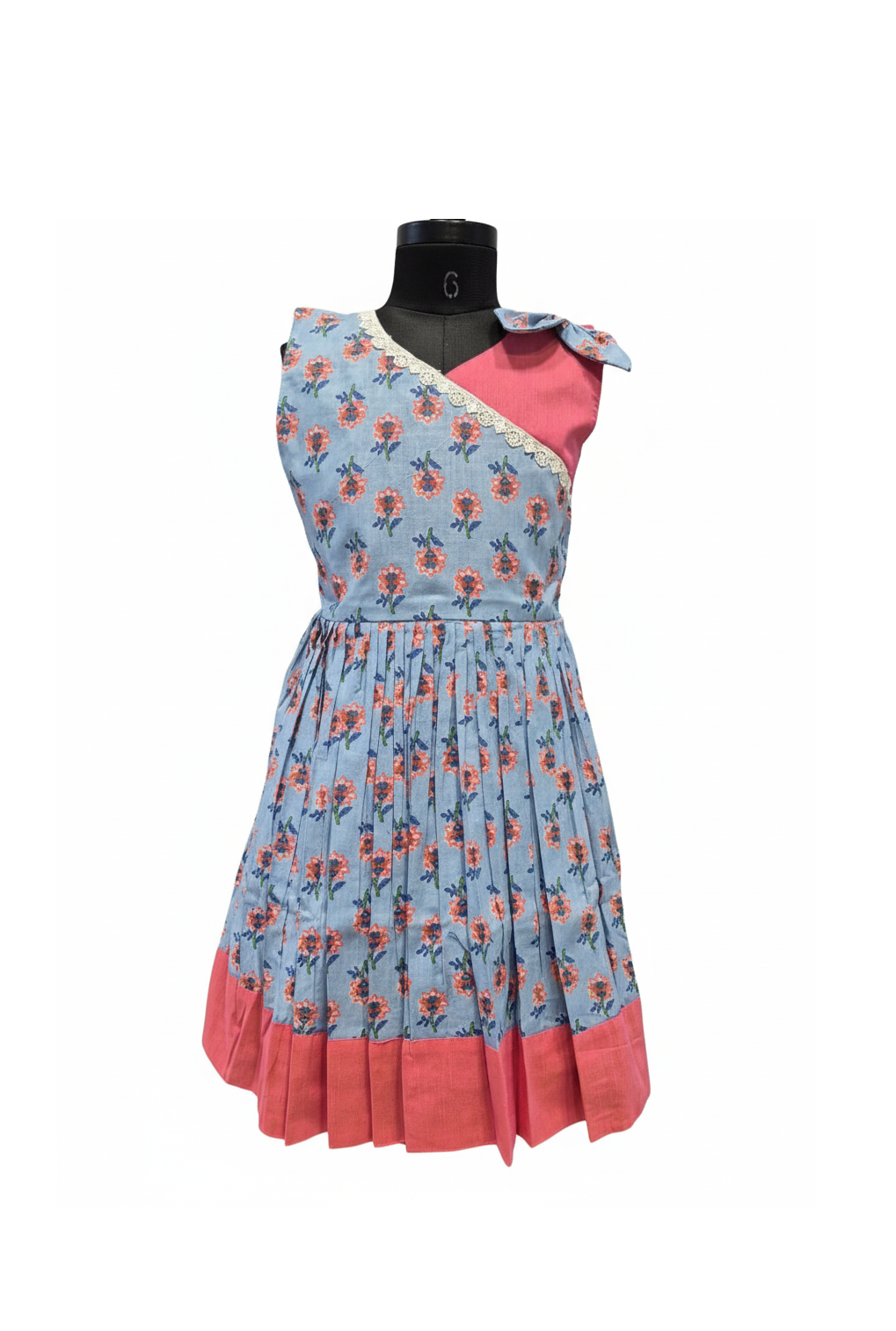 Asymmetrical Neck Blue Floral Cotton Frock with Coral Contrast