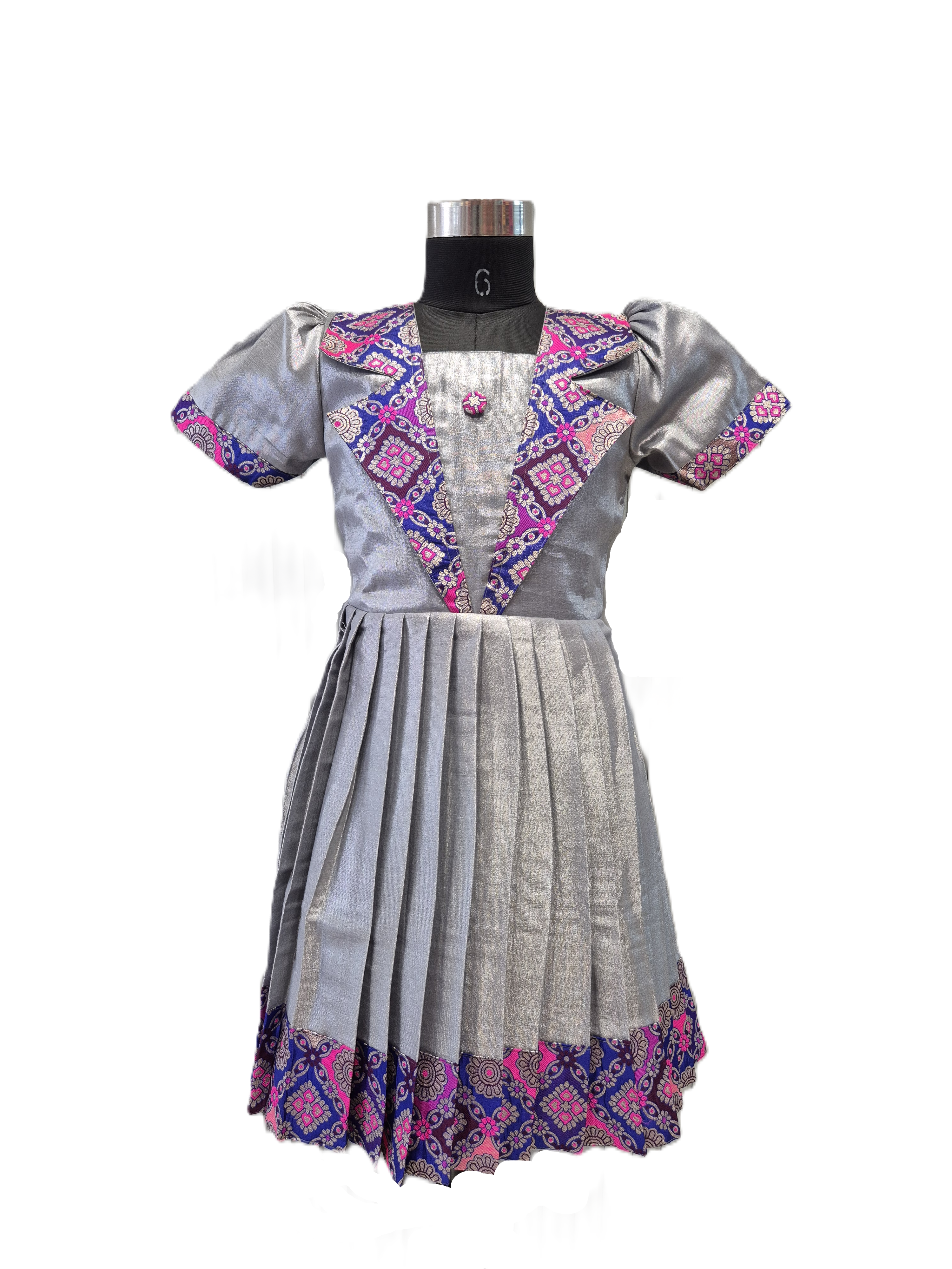 Girls' Ash Grey & Silver Ethnic Frock with Floral Zari Yoke and Pleated Skirt
