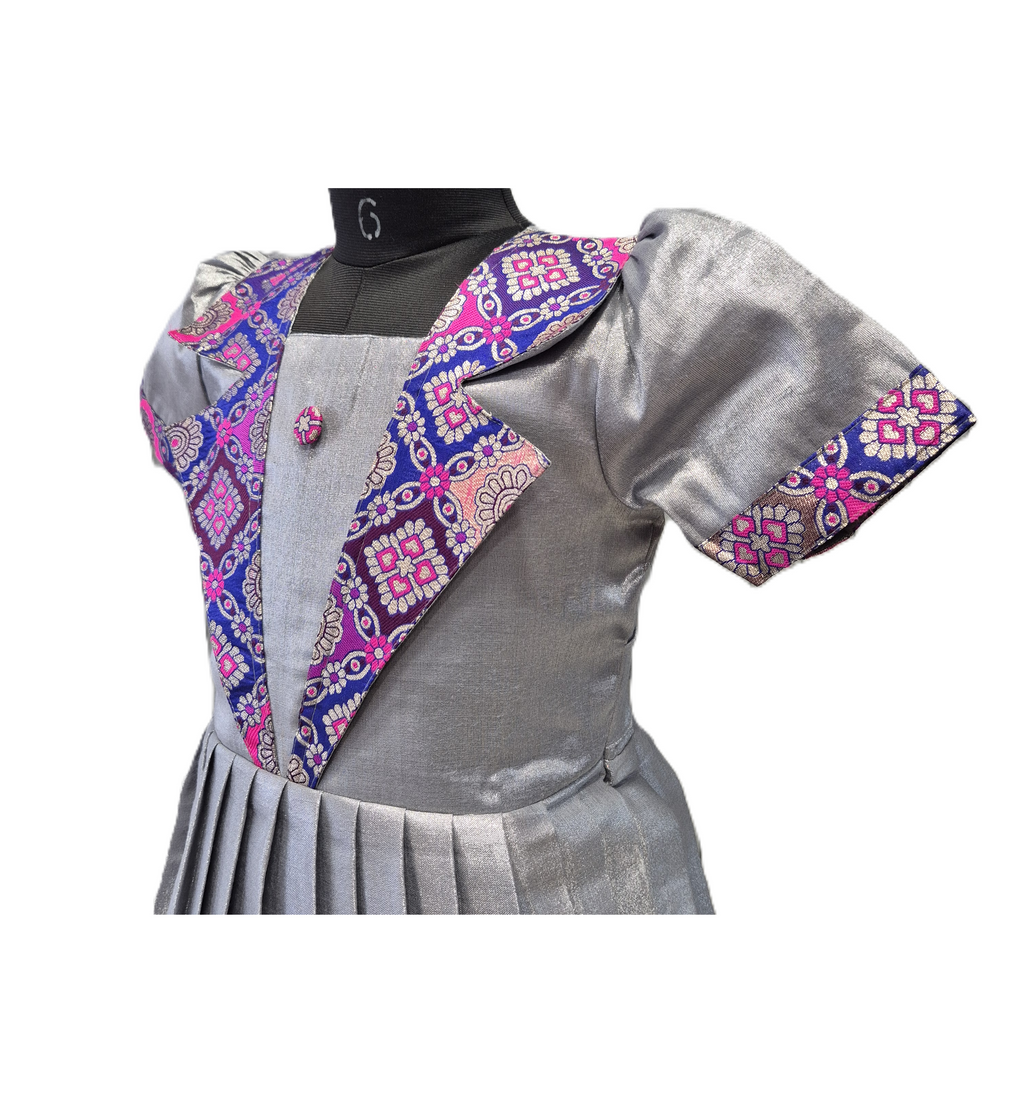 Girls' Ash Grey & Silver Ethnic Frock with Floral Zari Yoke and Pleated Skirt