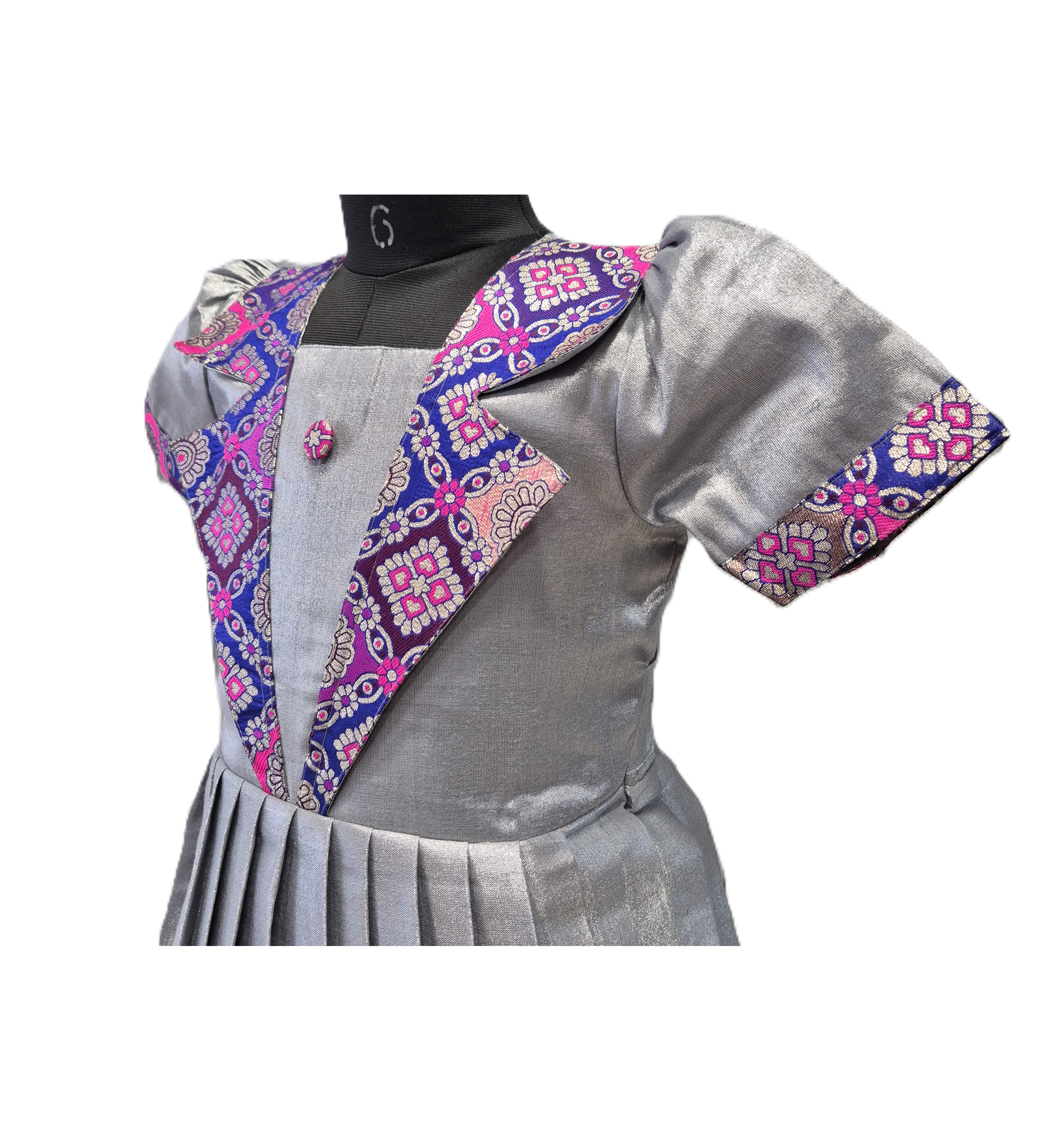 Girls' Ash Grey & Silver Ethnic Frock with Floral Zari Yoke and Pleated Skirt