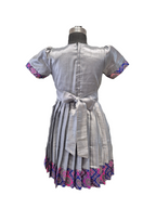 Girls' Ash Grey & Silver Ethnic Frock with Floral Zari Yoke and Pleated Skirt