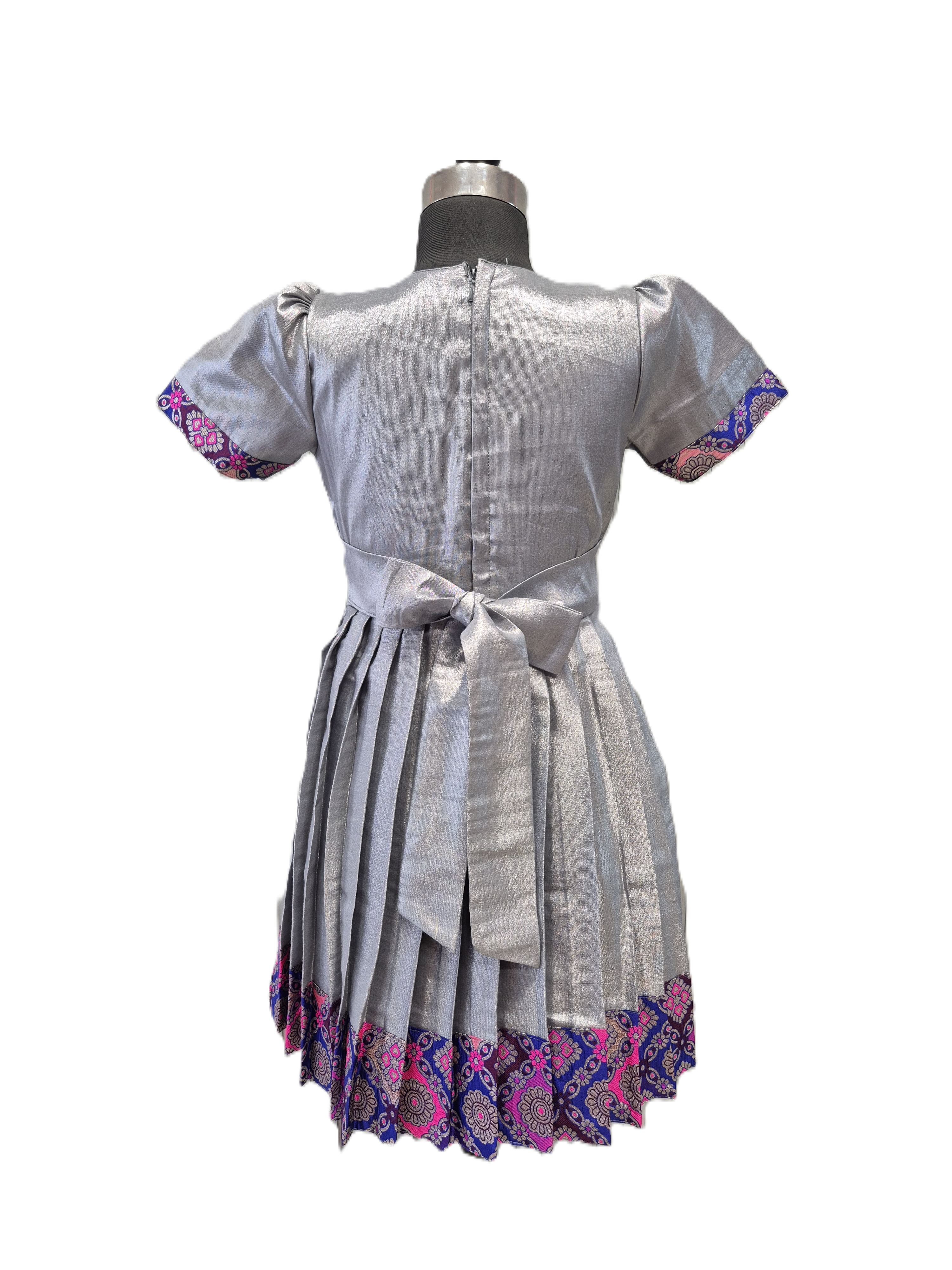Girls' Ash Grey & Silver Ethnic Frock with Floral Zari Yoke and Pleated Skirt