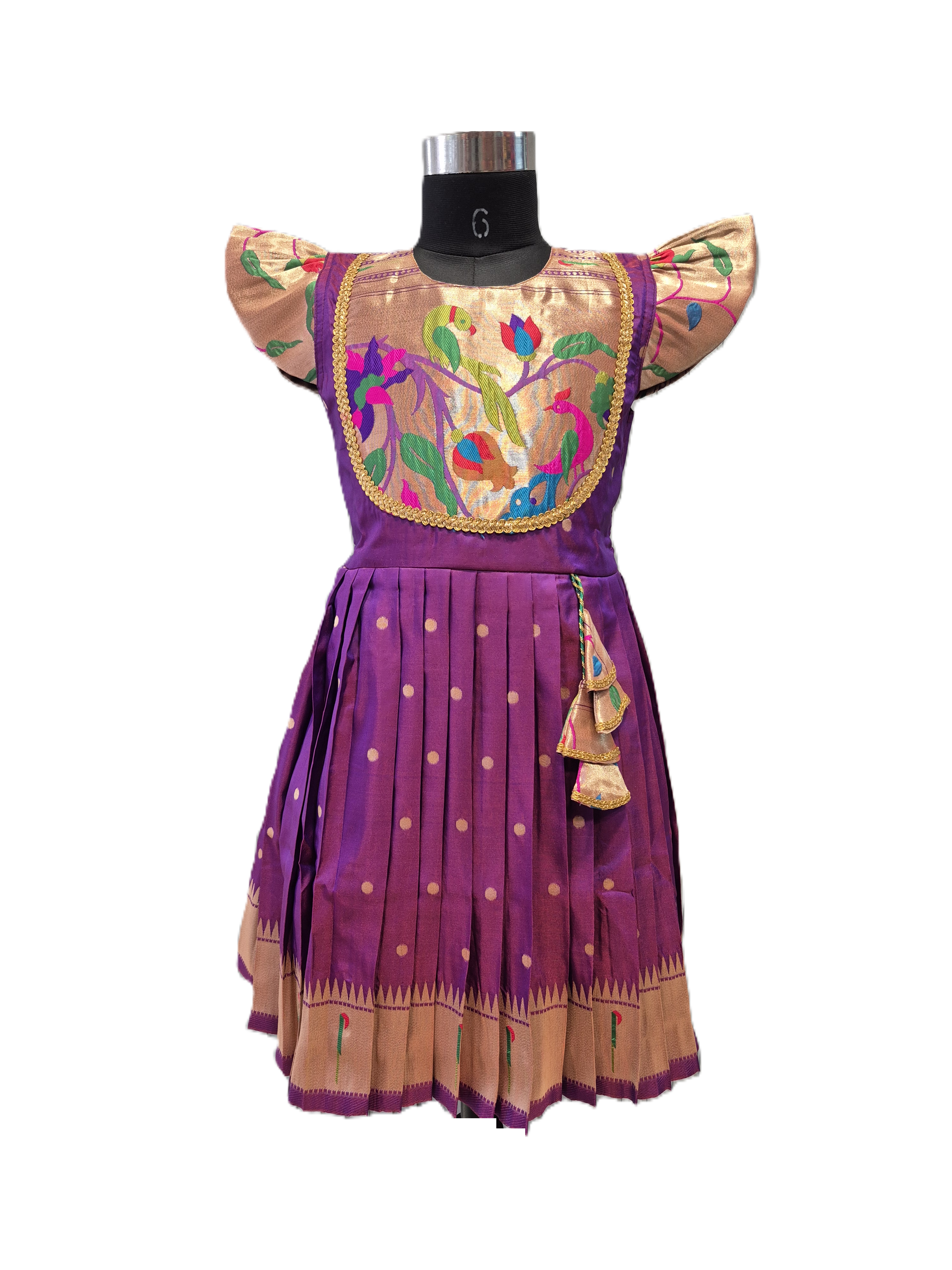Girls' Royal Purple & Gold Ethnic Frock with Paithani-Style Peacock Brocade
