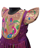 Girls' Royal Purple & Gold Ethnic Frock with Paithani-Style Peacock Brocade