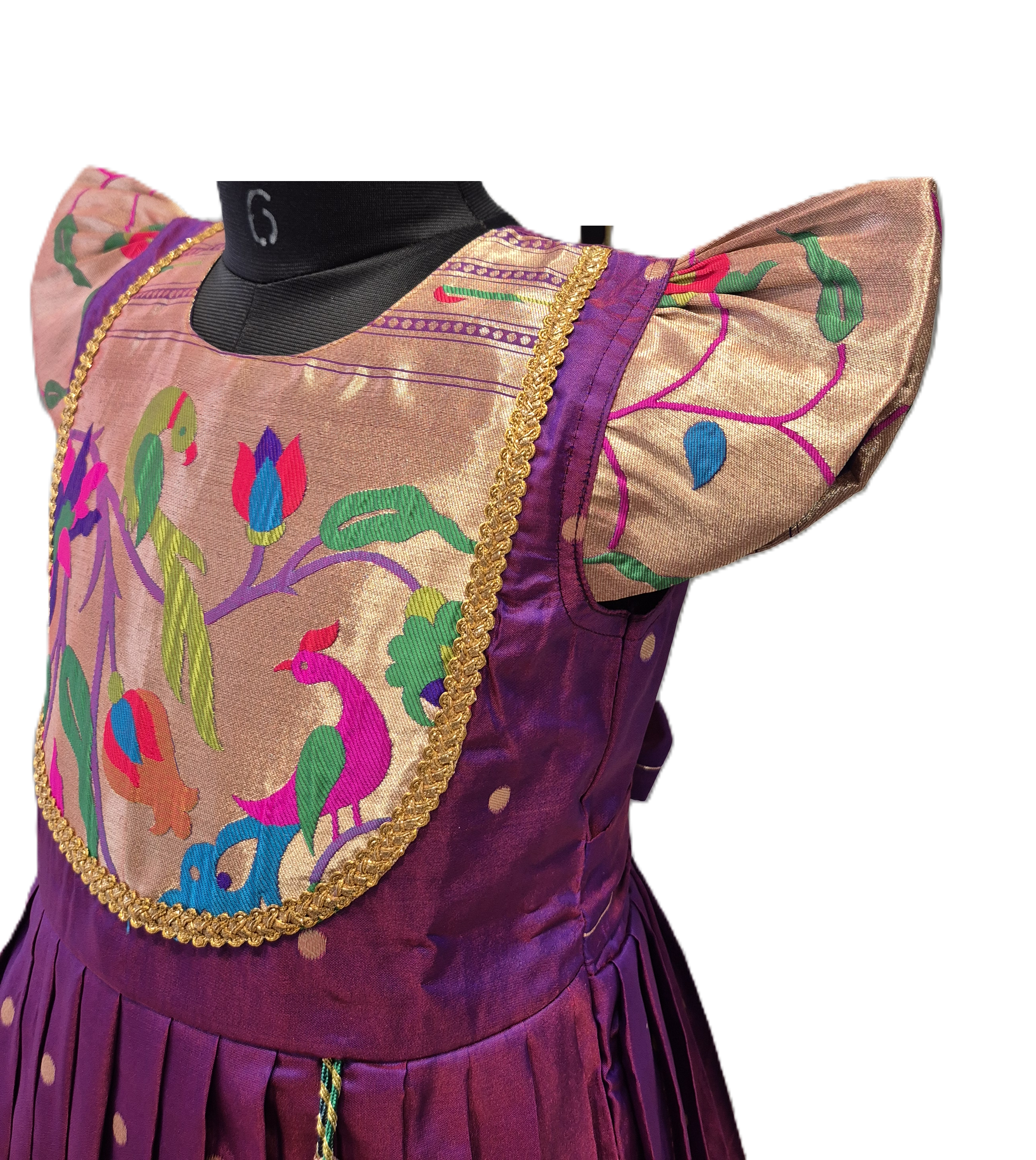 Girls' Royal Purple & Gold Ethnic Frock with Paithani-Style Peacock Brocade