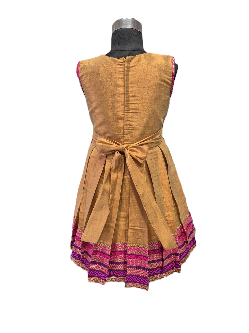 Girls' Mustard Gold Silk Ethnic Frock with Vibrant Pink & Purple Brocade Accents