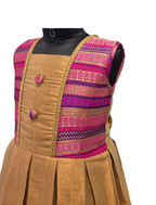 Girls' Mustard Gold Silk Ethnic Frock with Vibrant Pink & Purple Brocade Accents