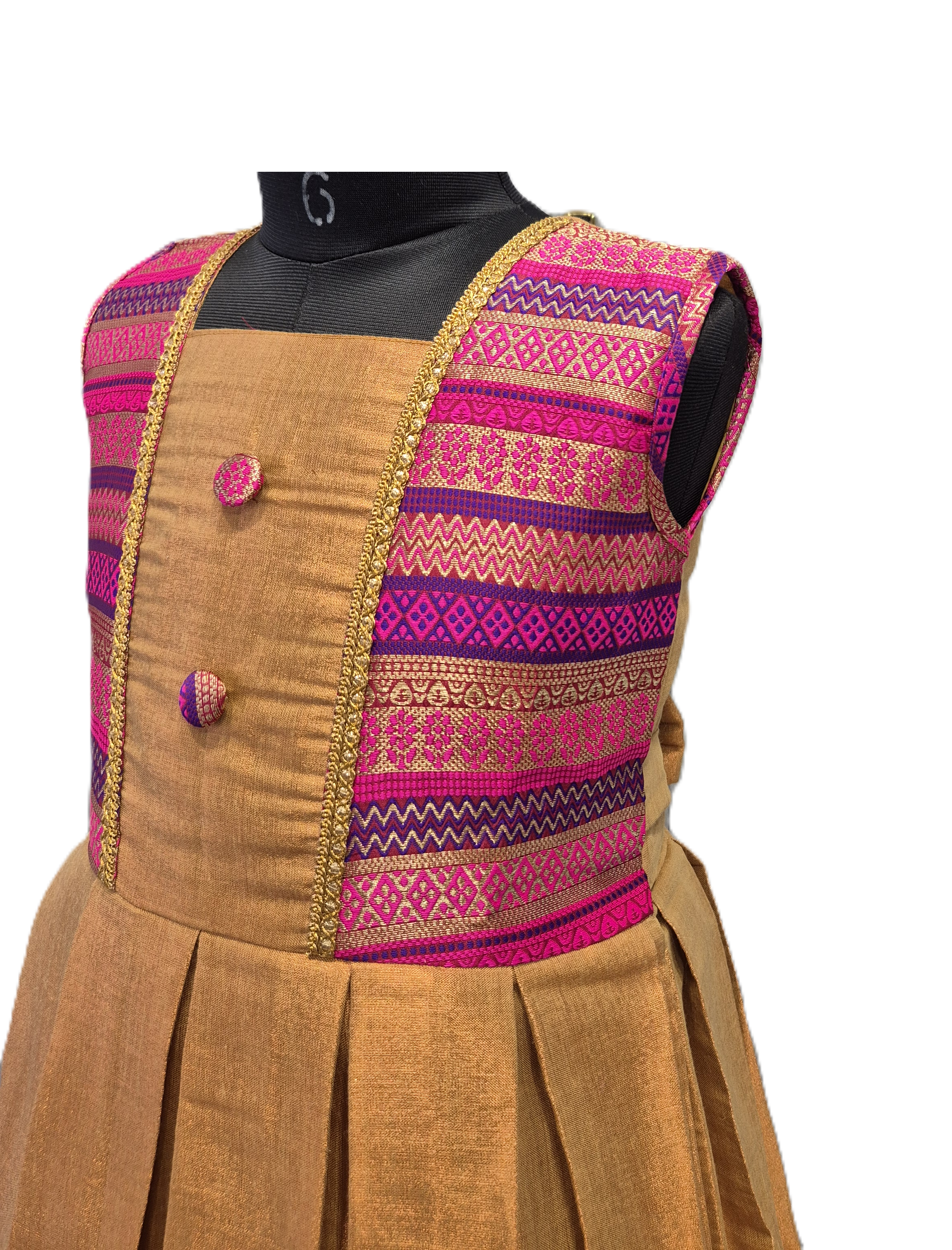 Girls' Mustard Gold Silk Ethnic Frock with Vibrant Pink & Purple Brocade Accents