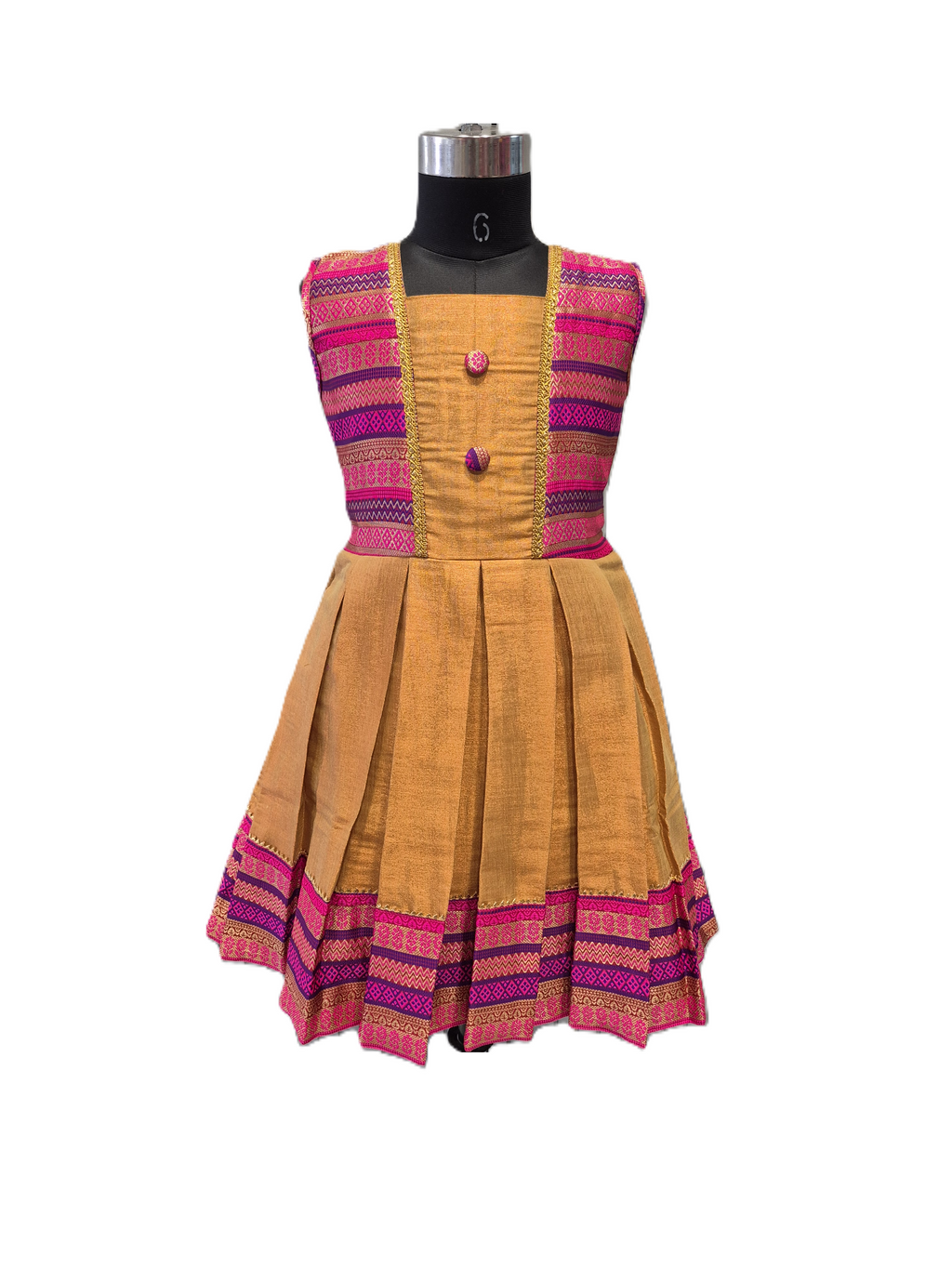 Girls' Mustard Gold Silk Ethnic Frock with Vibrant Pink & Purple Brocade Accents