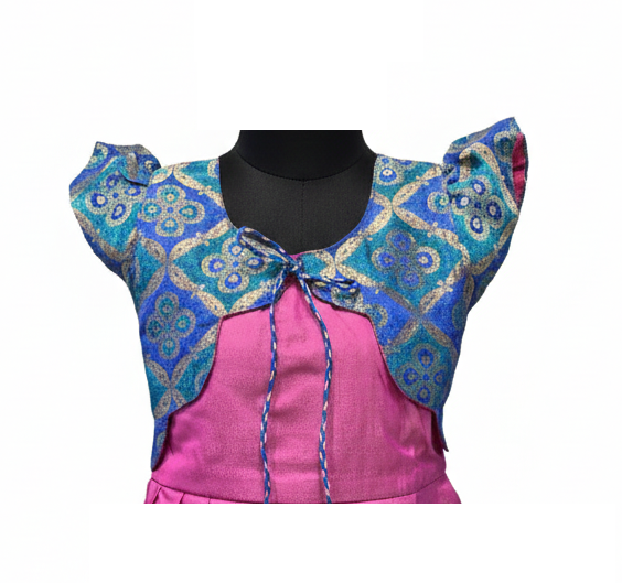 Girls' Festive Pink Silk Frock with Detachable Blue & Gold Brocade Bolero Jacket