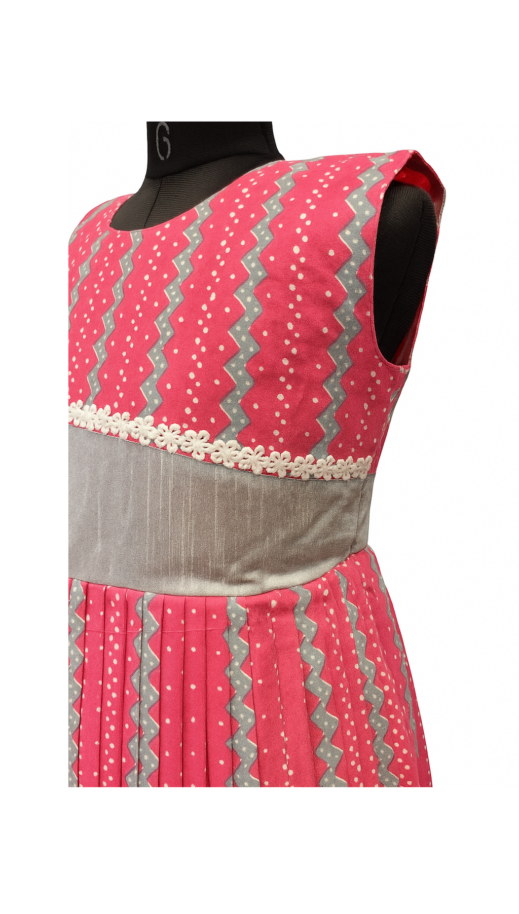 Striking Pink & Grey Zig-Zag Print Cotton Pleated Frock