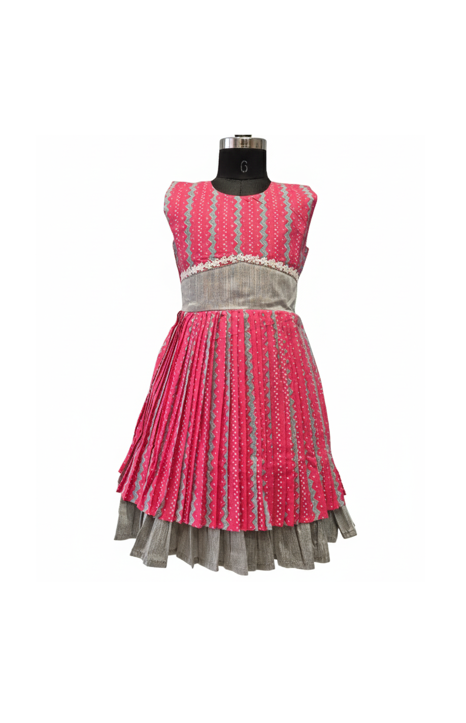 Striking Pink & Grey Zig-Zag Print Cotton Pleated Frock