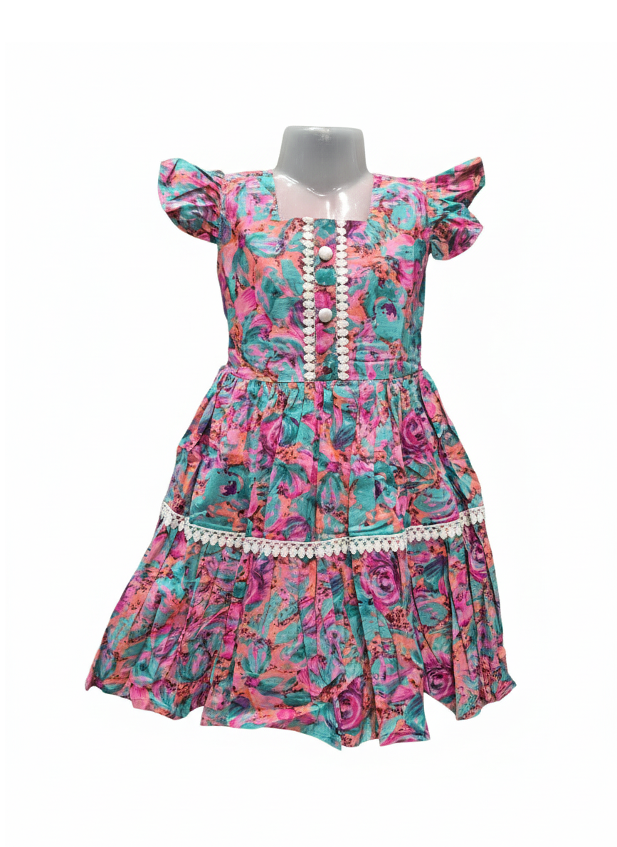 Girls' Ruffle Sleeve Cotton Frock with Vibrant Pink and Aqua Floral