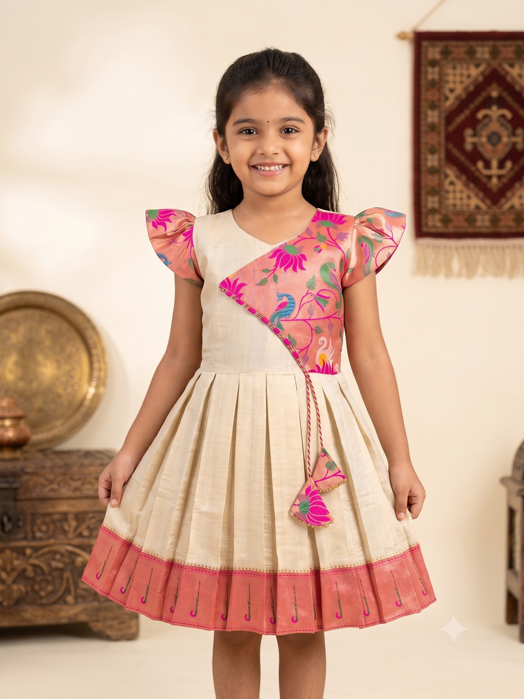 Girl wearing a cream and pink silk frock with peacock motifs - House of Kritee
