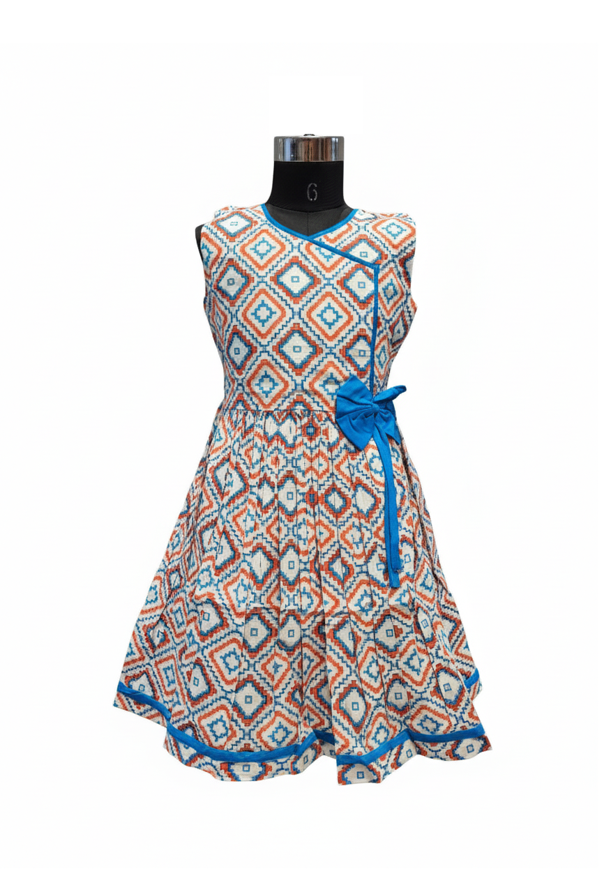 Girls' Pure Cotton Geometric Print Frock with Angrakha Tie-Up