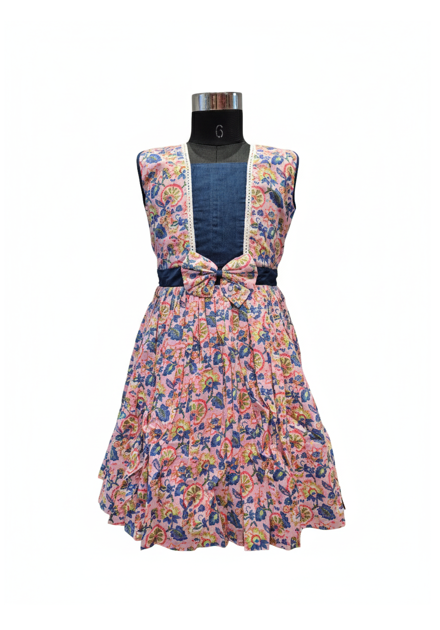 Girls' Jaipuri Print Cotton Frock with Bow Detail & Denim Bodice