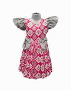 Designer Cotton Dress with Grey Bow Accents and Flutter Sleeves