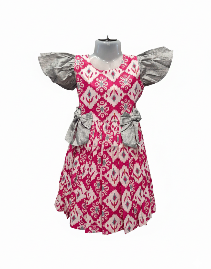 Designer Cotton Dress with Grey Bow Accents and Flutter Sleeves