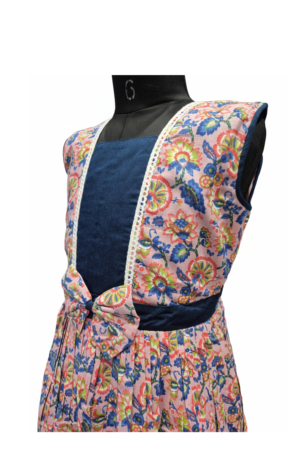 Girls' Jaipuri Print Cotton Frock with Bow Detail & Denim Bodice