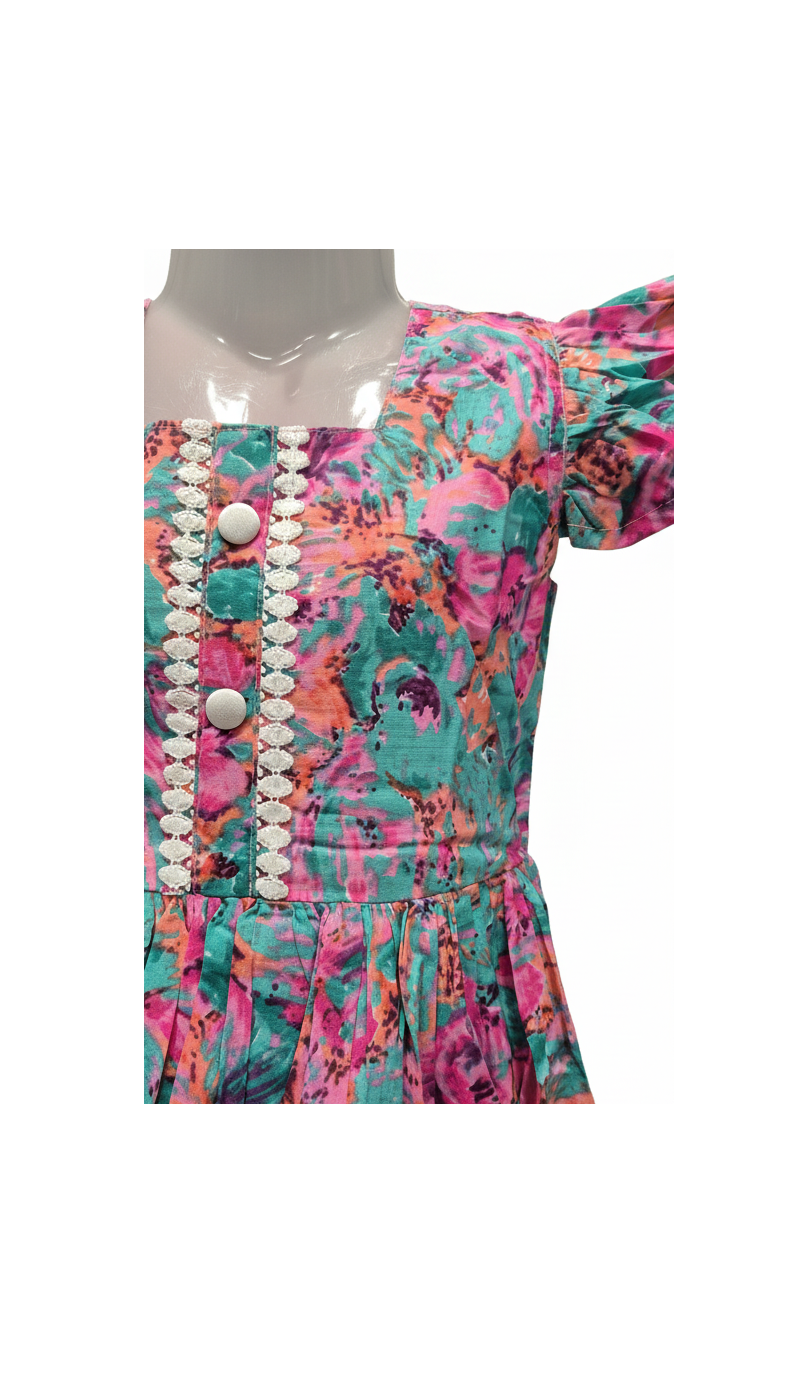 Girls' Ruffle Sleeve Cotton Frock with Vibrant Pink and Aqua Floral