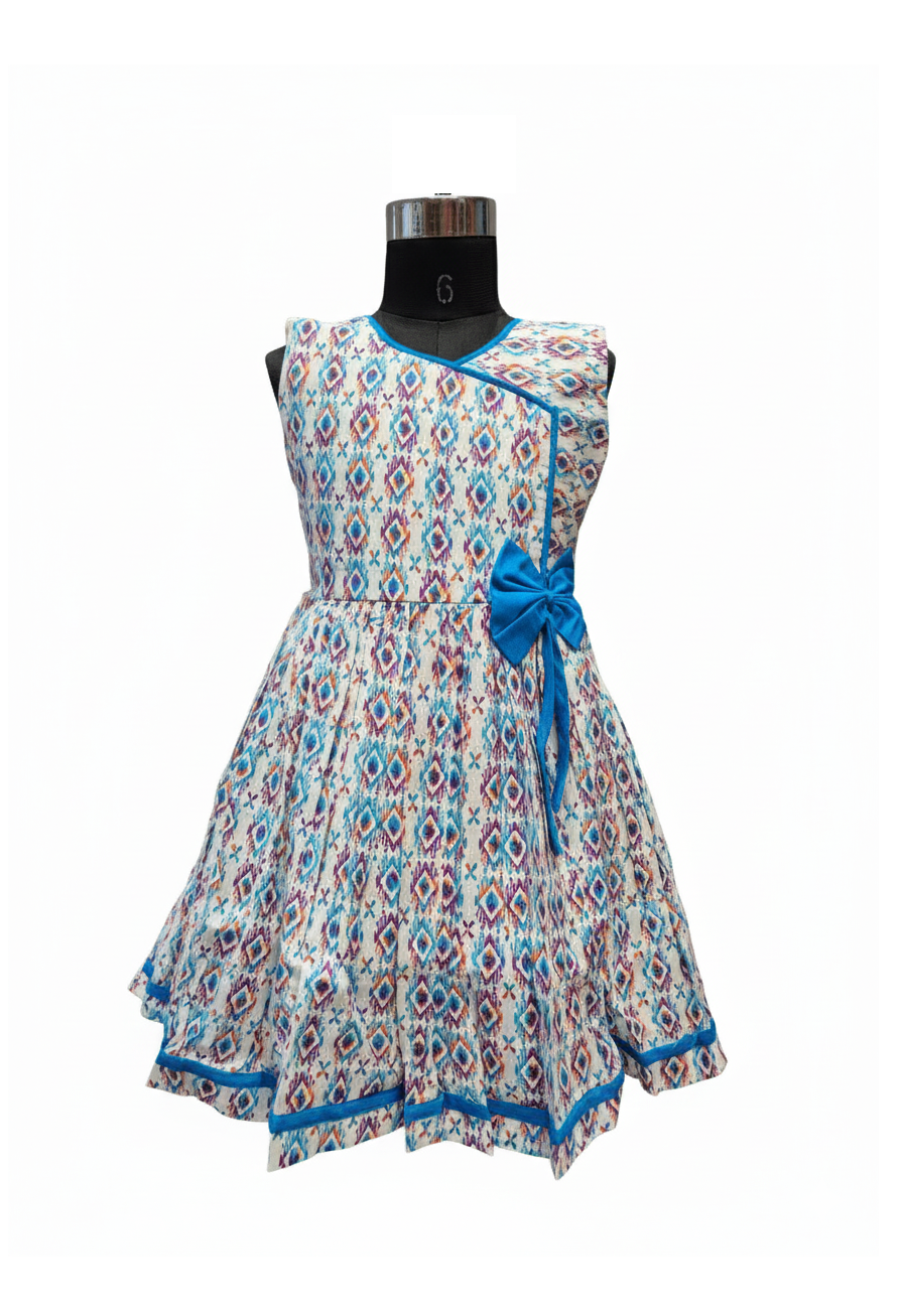 Sleeveless Angrakha Style Cotton Dress with Vivid Diamond Print