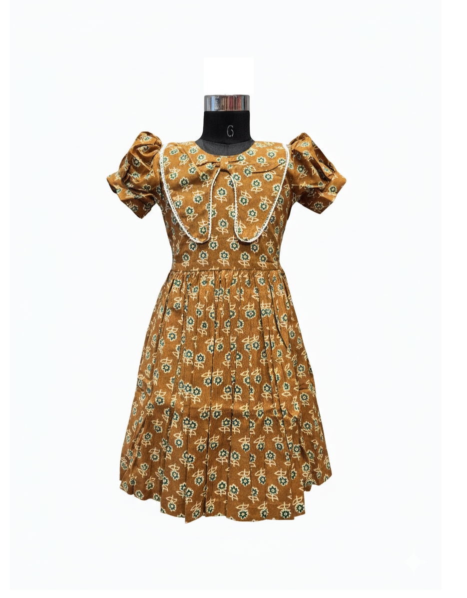 Retro Brown Floral Print Cotton Dress with Puff Sleeves