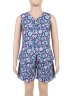 Girls blue cotton co-ord set with sleeveless printed crop top and matching shorts
