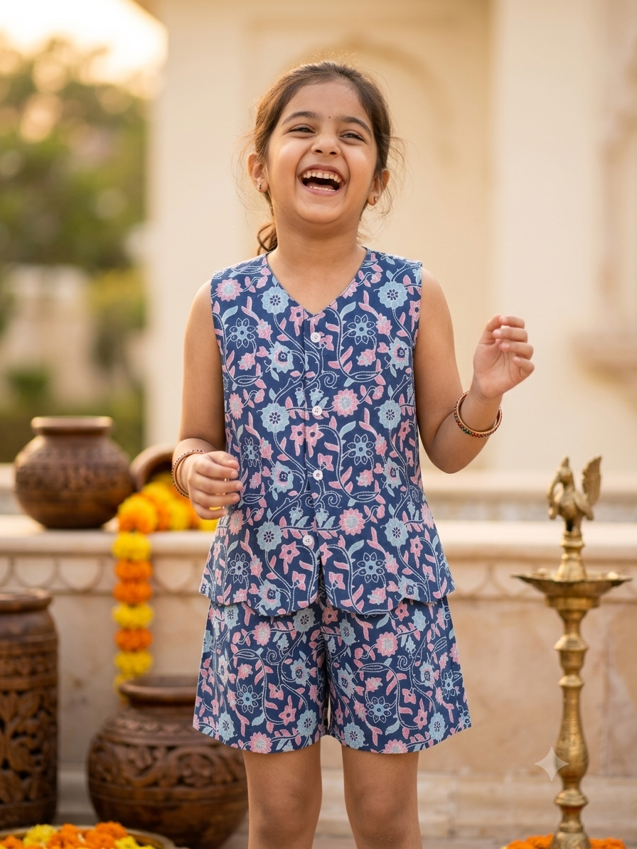 Happy Desi digital girl smiling in a premium blue and pink floral print cotton waistcoat and shorts co-ord set against a blurred warm cream garden backdrop.