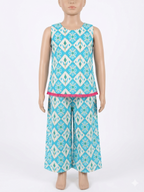 Mannequin wearing a turquoise and white patterned outfit on a white background