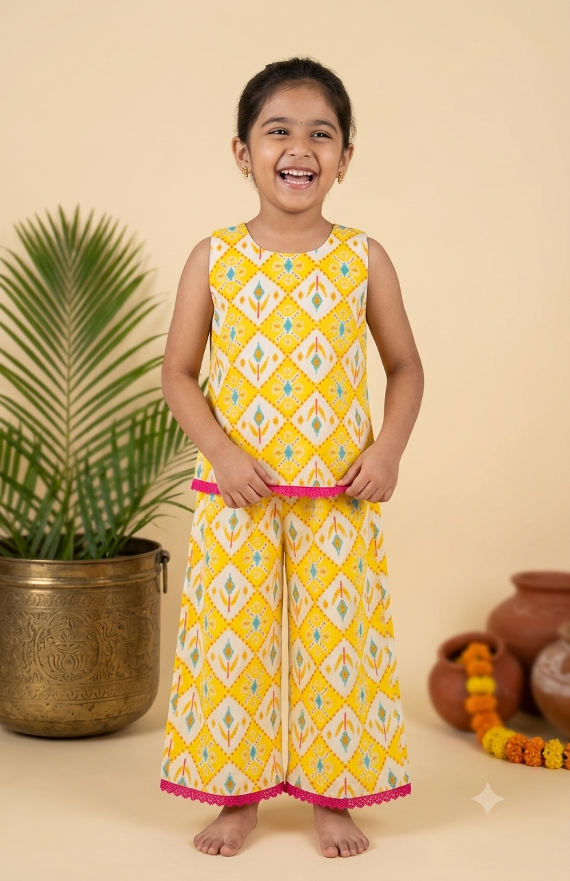 Happy Desi digital girl smiling in a premium yellow and white Ikat diamond print cotton sleeveless tunic and wide-leg trousers co-ord set in a soft cream garden background