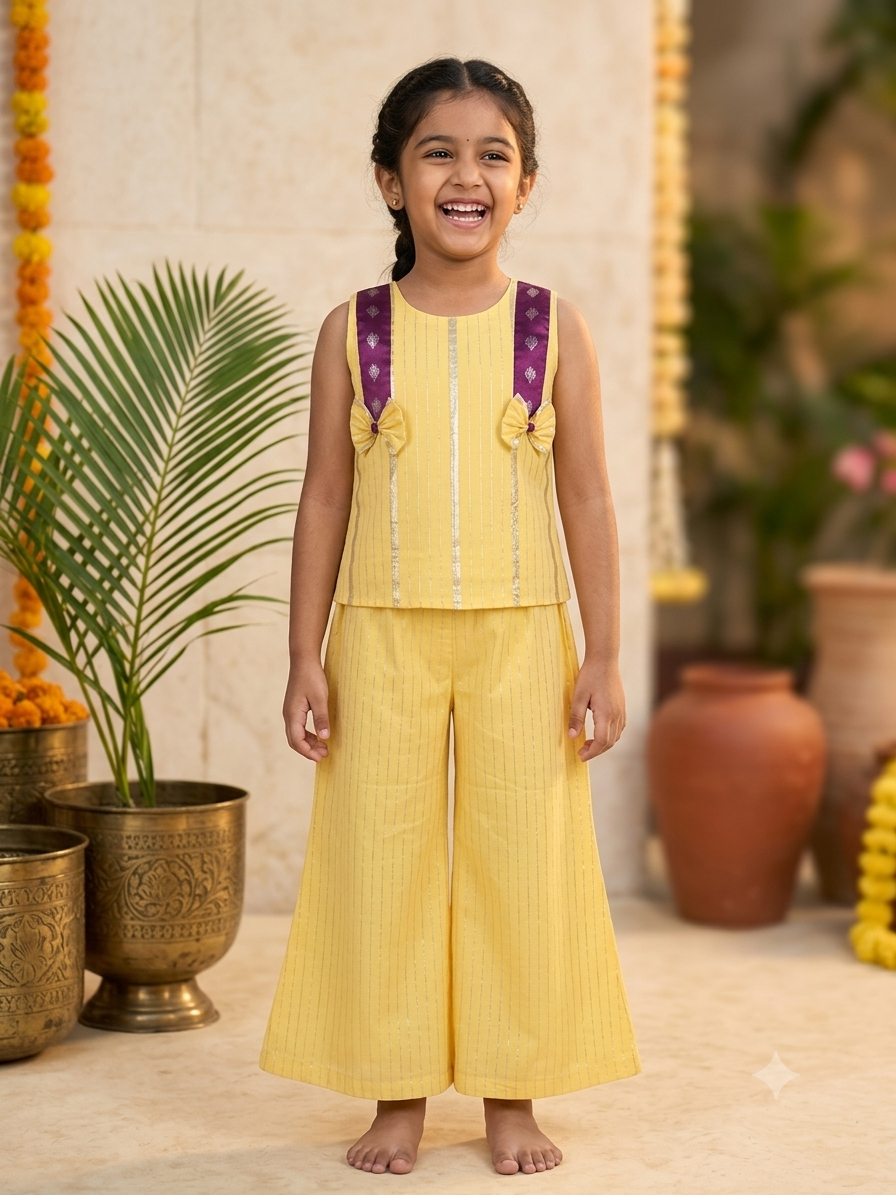 Happy Desi digital girl smiling in a premium yellow cotton co-ord set featuring gold lurex stripes, purple shoulder details, chest bows, and wide trousers in a soft cream garden background.