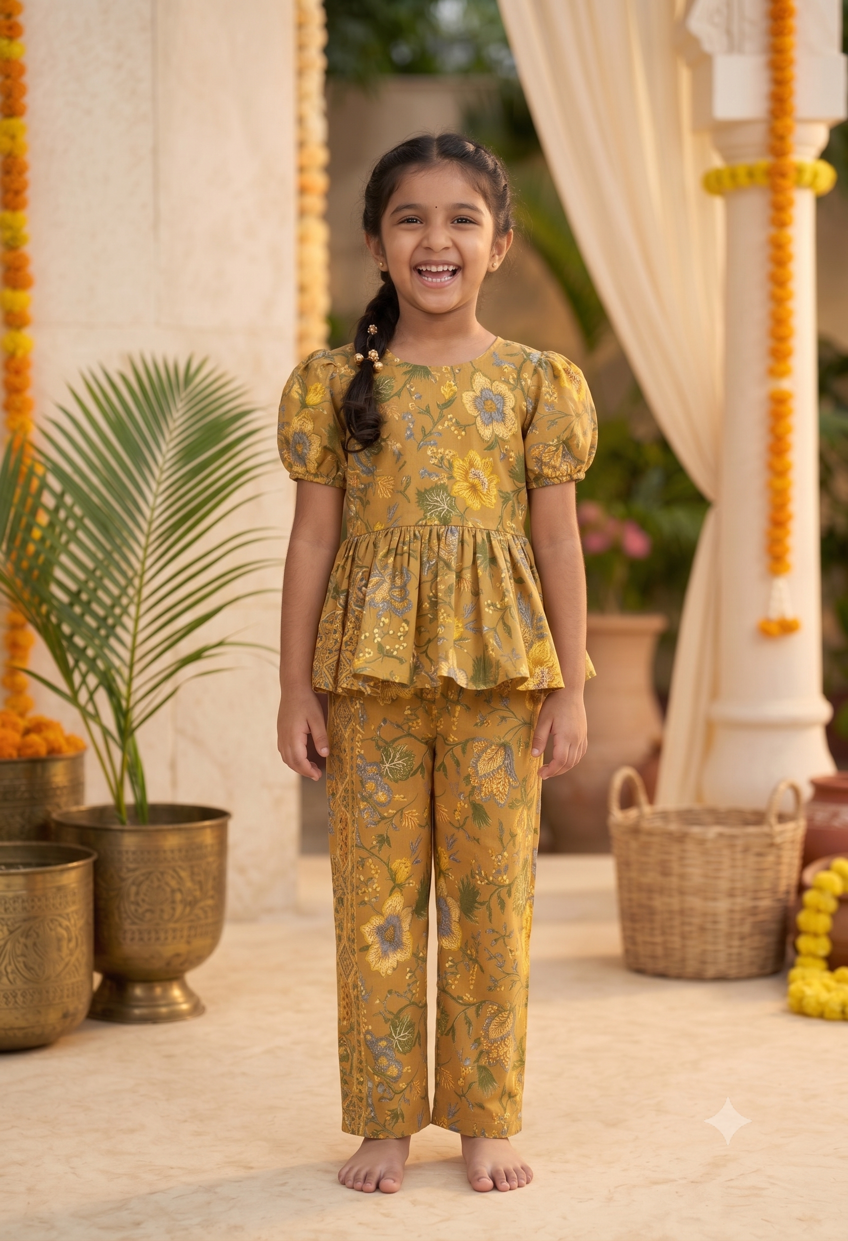 A young Desi digital girl smiles and happily poses in a mustard pure cotton two-piece peplum and trouser set featuring a traditional floral print