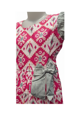 Designer Cotton Dress with Grey Bow Accents and Flutter Sleeves