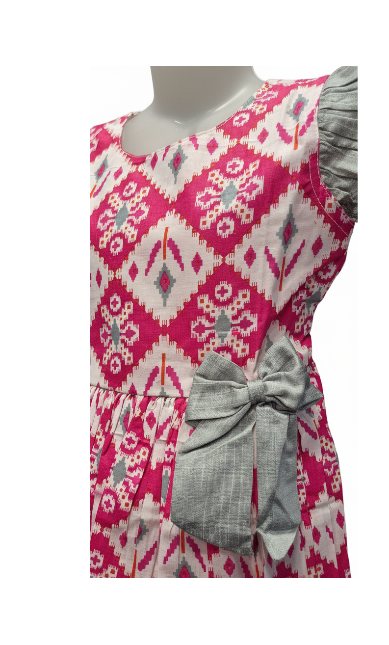 Designer Cotton Dress with Grey Bow Accents and Flutter Sleeves