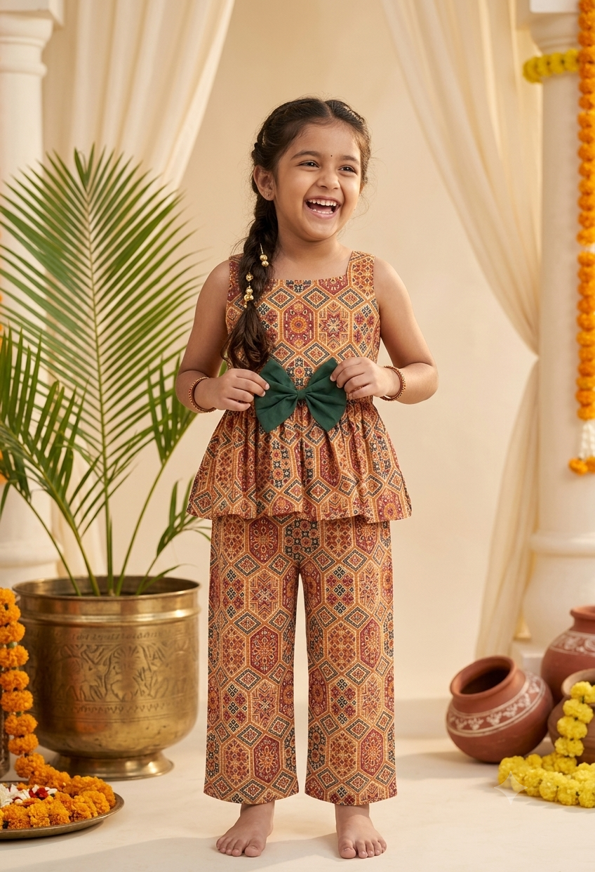 Happy Desi digital girl wearing a premium orange and brown geometric tile print cotton peplum top with a green waist bow and matching trousers in a soft cream garden background