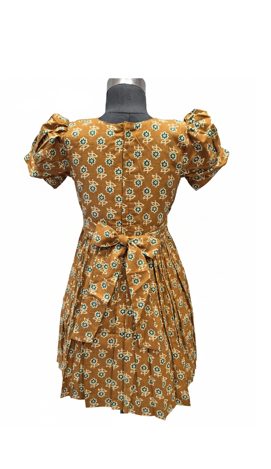 Retro Brown Floral Print Cotton Dress with Puff Sleeves
