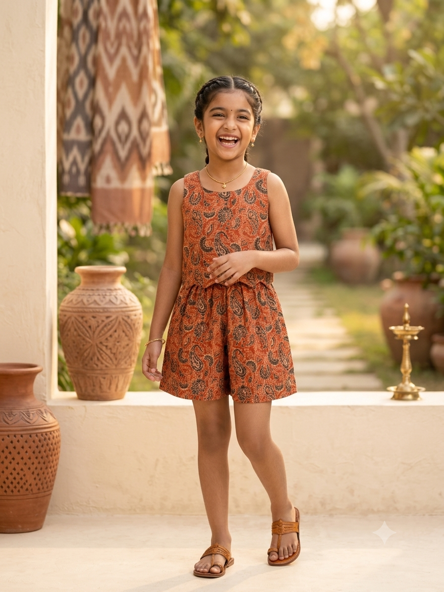 Girls rust cotton co-ord set with sleeveless paisley printed crop top and matching shorts