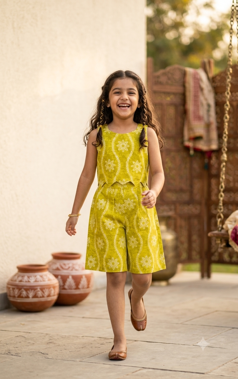 Girls lime green cotton co-ord set with sleeveless printed crop top and flared wide leg shorts