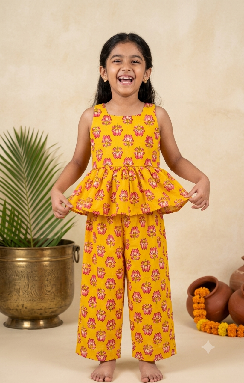 Happy Desi digital girl smiling in a premium mustard yellow cotton full co-ord set featuring a pink lotus floral print peplum top and matching trousers in a soft cream garden background
