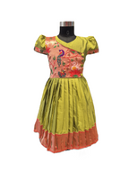 Elegant Lime Green & Peach Asymmetric Silk Frock