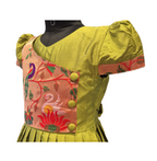 Elegant Lime Green & Peach Asymmetric Silk Frock