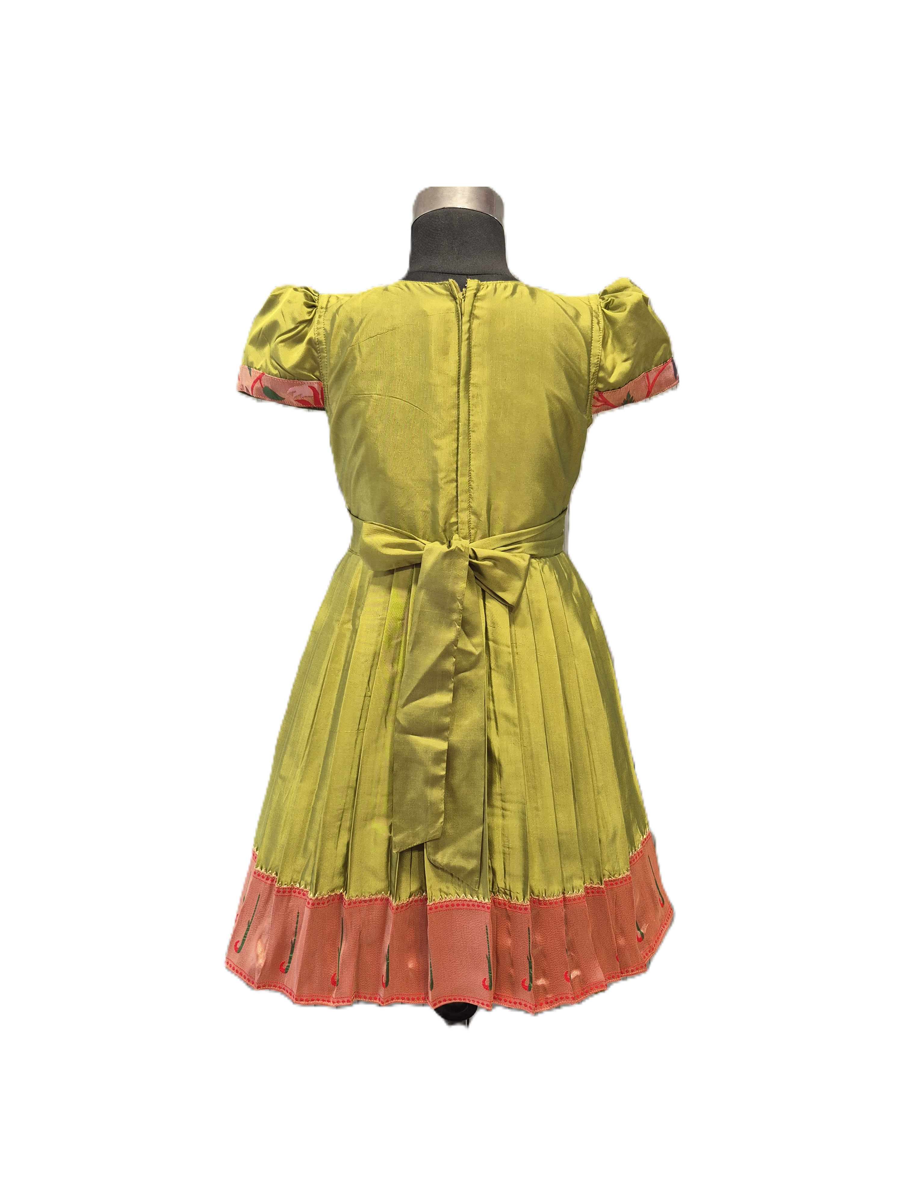 Elegant Lime Green & Peach Asymmetric Silk Frock