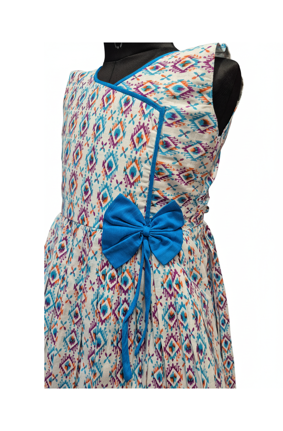 Sleeveless Angrakha Style Cotton Dress with Vivid Diamond Print