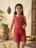 Girls red cotton co-ord set with sleeveless printed crop top and matching shorts
