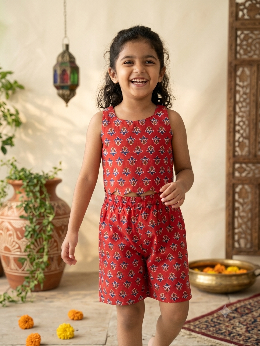 Girls red cotton co-ord set with sleeveless printed crop top and matching shorts