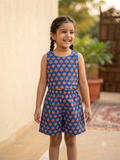Girls blue cotton co-ord set with sleeveless printed crop top and matching shorts