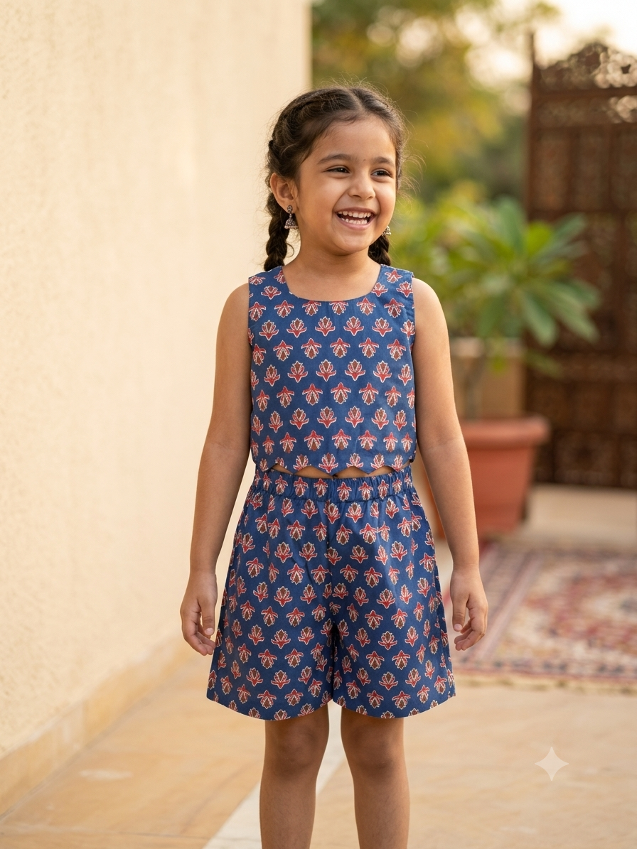 Girls blue cotton co-ord set with sleeveless printed crop top and matching shorts
