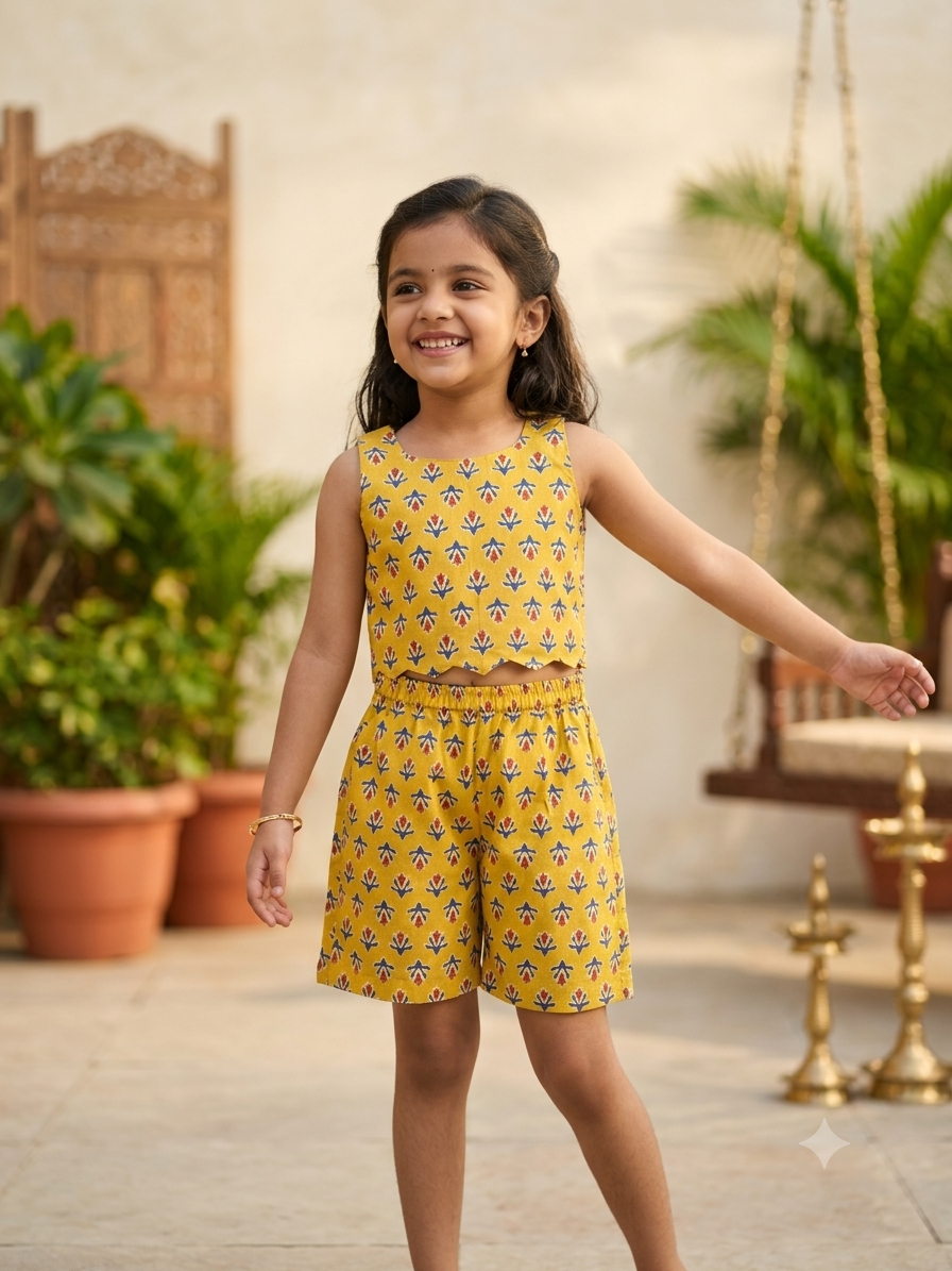 Girls yellow cotton co-ord set with sleeveless printed crop top and matching shorts